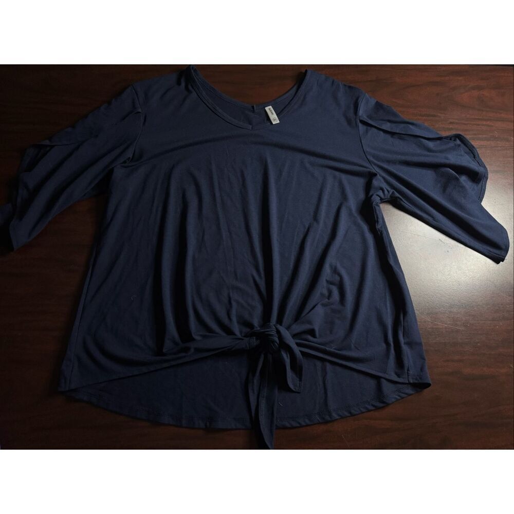 Sueani Navy Tie Front Blouse with V-Neck Split Sleeve Top Size 2XL